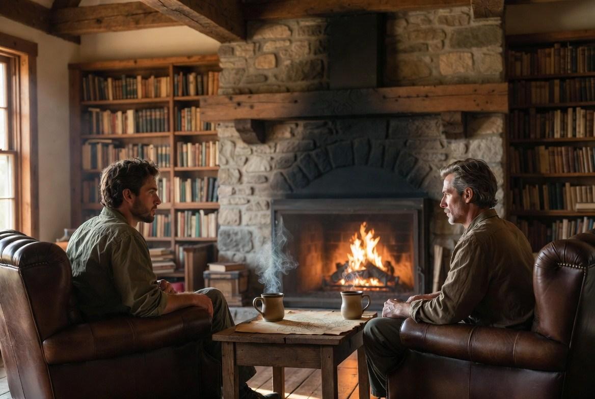 Two people having a thoughtful conversation beside a fireplace in a book-lined lodge.