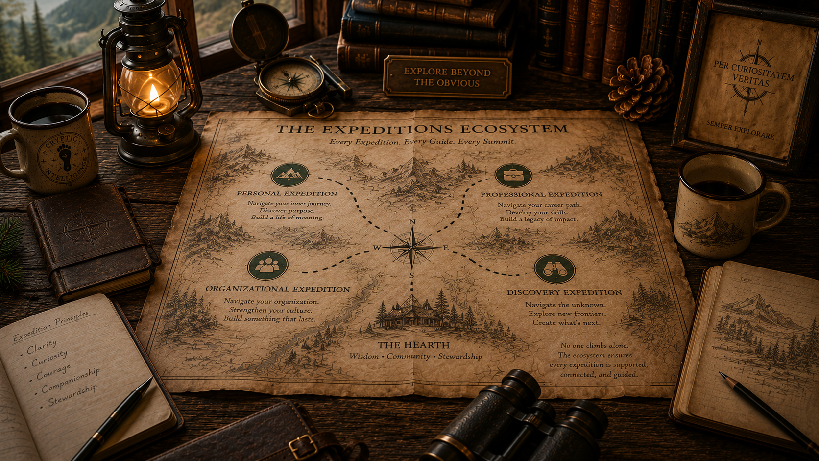 Illustrated Expedition Ecosystem map showing personal, professional, organizational, and discovery expeditions connected to the Hearth.