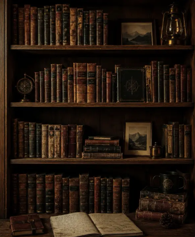 Antique books arranged across wooden library shelves beside a lantern, compass, and open field journal