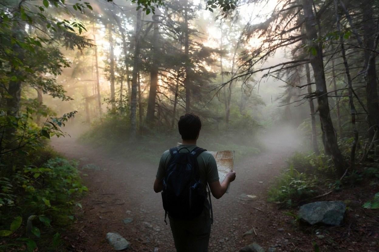 Traveler holding a map at a fork in a misty forest trail.